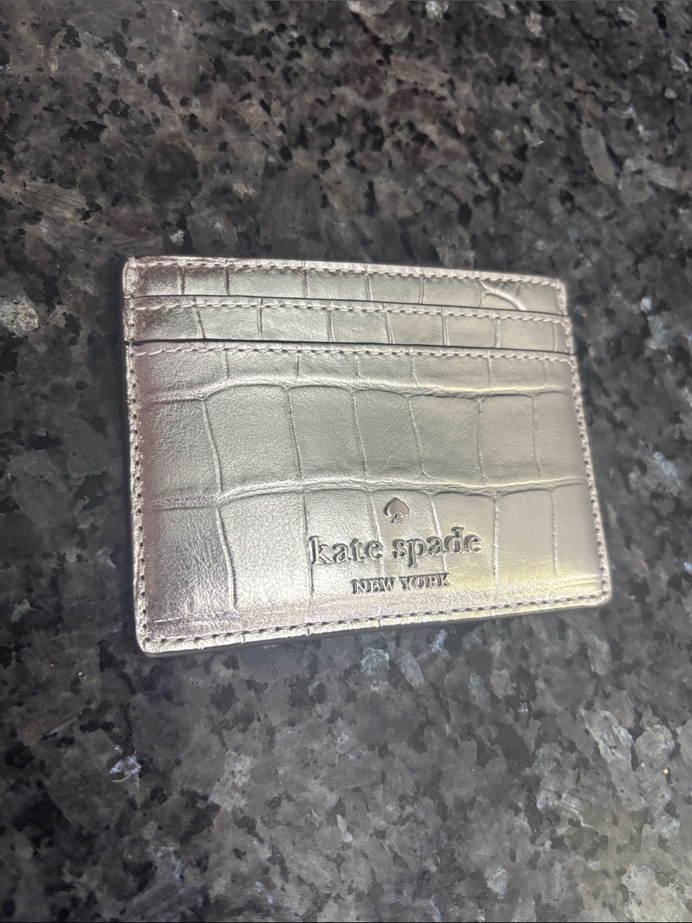 kate spade metallic silver croc-embossed card case